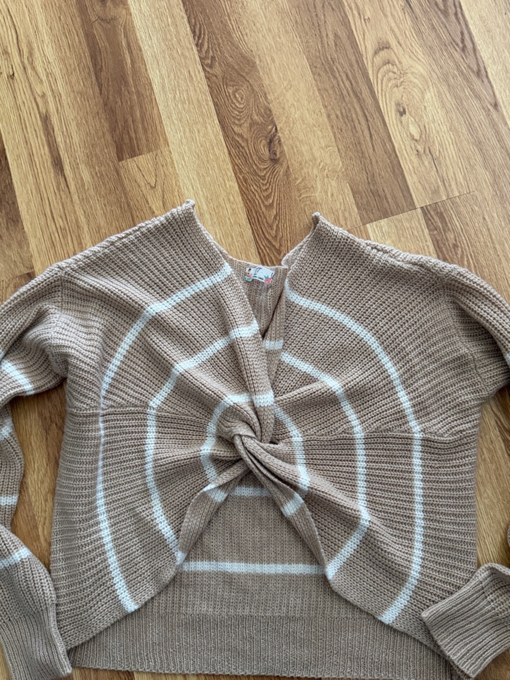 Twist-Front V-Neck Sweater in Taupe with White Stripes